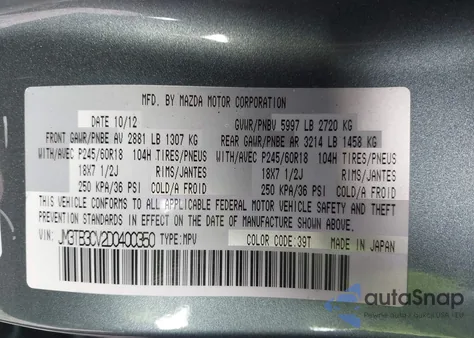 2013 Mazda Cx-9 Touring from USA, damaged, VIN JM3TB3CV2D0400350